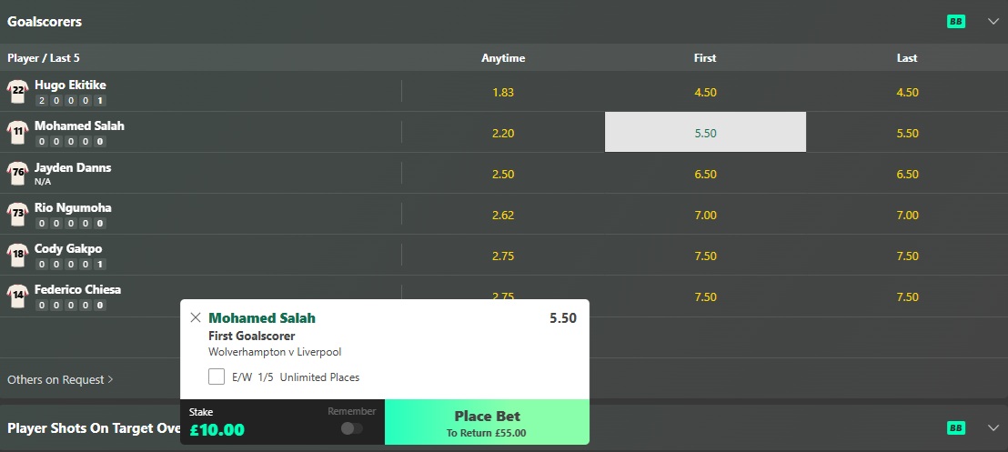 Bet365 betslip with Mo Salah selected as first goalscorer at odds of 5.5